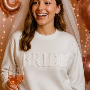 New Small White Embossed "Bride" Pullover Crew Sweater Bridal Bachelorette Party